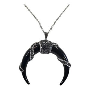 Black and White Rhinestone Jeweled Wrap Faux Bull Horn Pendant Necklace W/ Chain